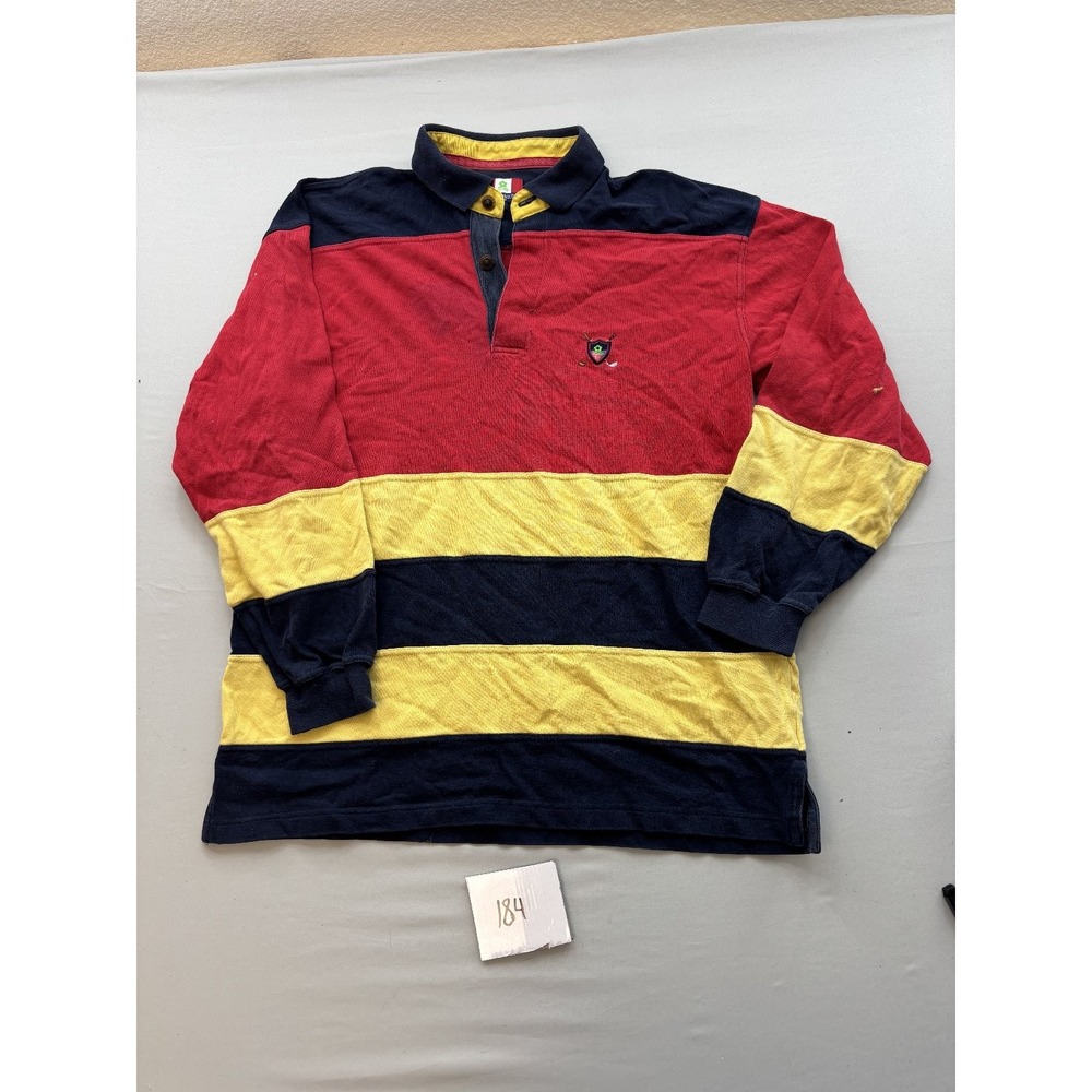 MONTAGUT PARIS Mens Rugby Polo Shirt L Red Navy Blue Yellow Striped Long Sleeve